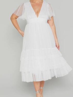 Showpo White V-Neck Tiered Tulle Midi Dress